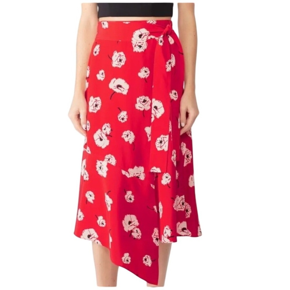 Derek Lam‎ 10 Crosby Red Floral 100% Silk Wrap Asymmetrical Midi Skirt Size 2